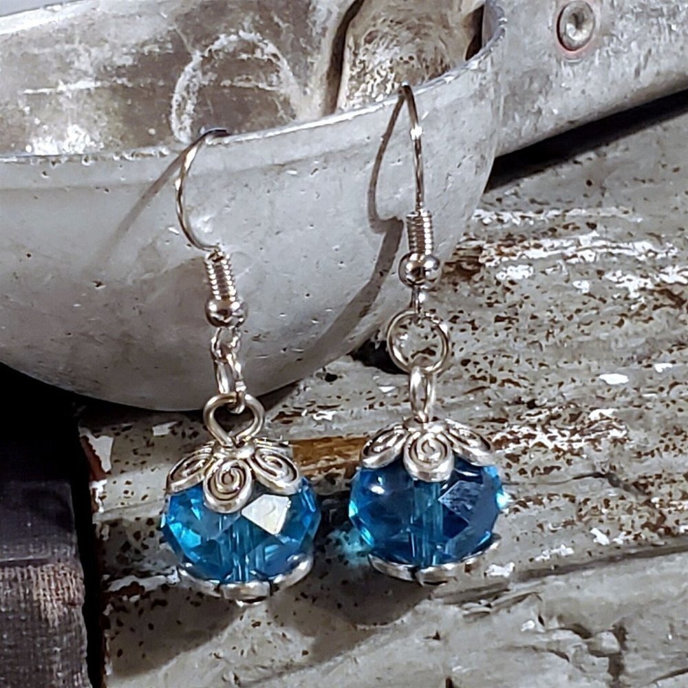 Vintage Turquoise Blue Crystal Beads Antique Silver Carved Accents Earrings